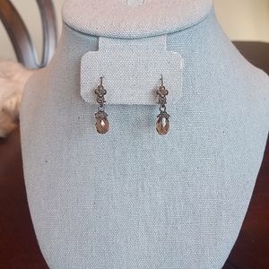 1928 Vintage Brown Crystal & Bronze Dainty Retro Leverback Earrings